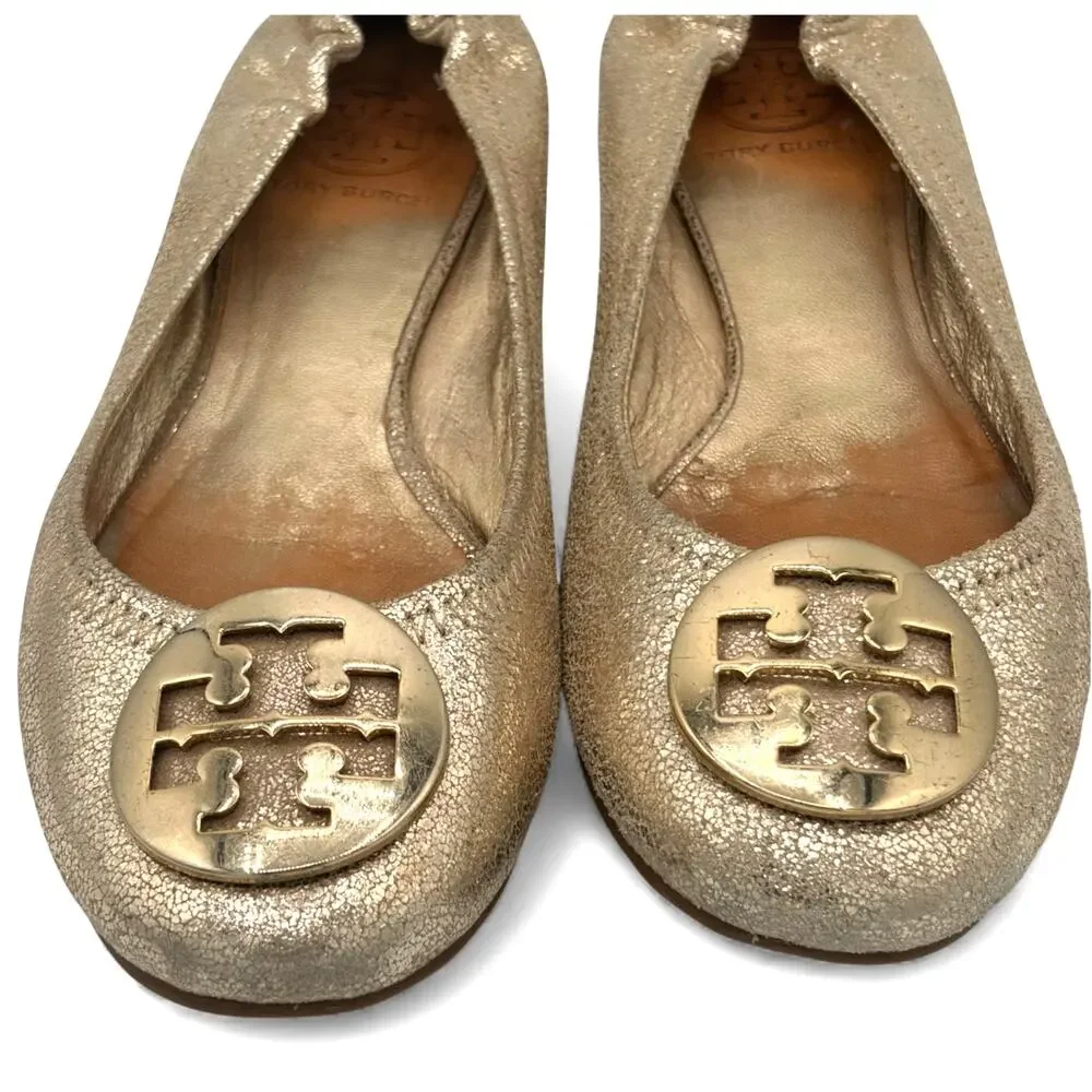 Tory Burch Minnie Travel‎ Metallic Gold Sz 7 Shimmer Medallion Flats w/ COA